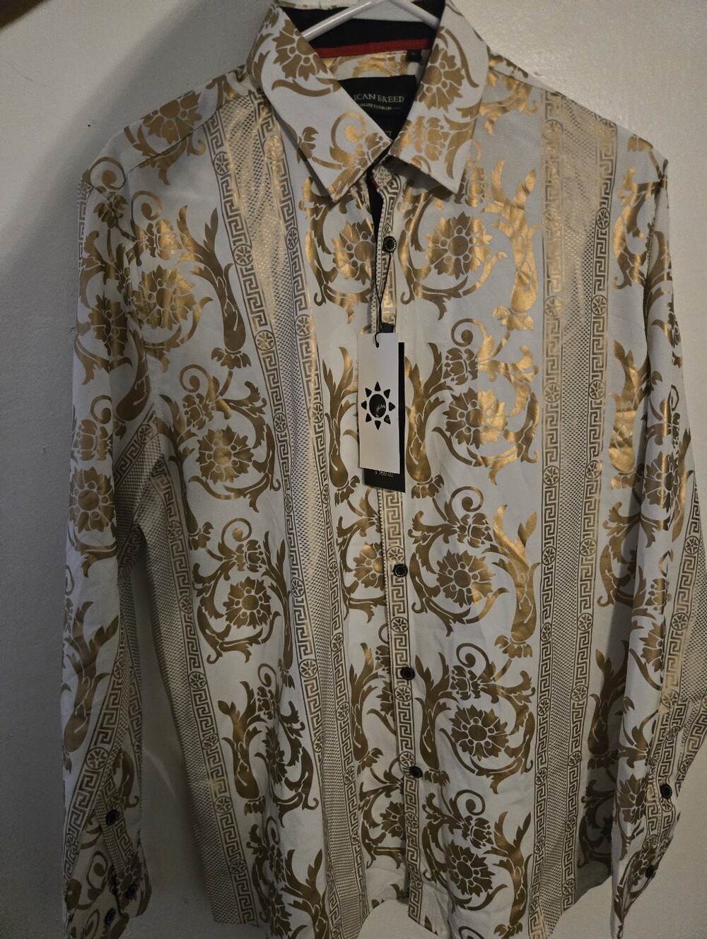 Gold and White Patterned Mens Shirt-size L